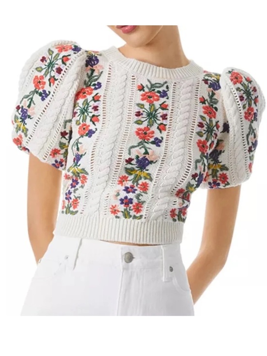 Alice + Olivia Tops - ALICE & Olivia White Puff-Sleeve Knit Top with Floral Embroidery